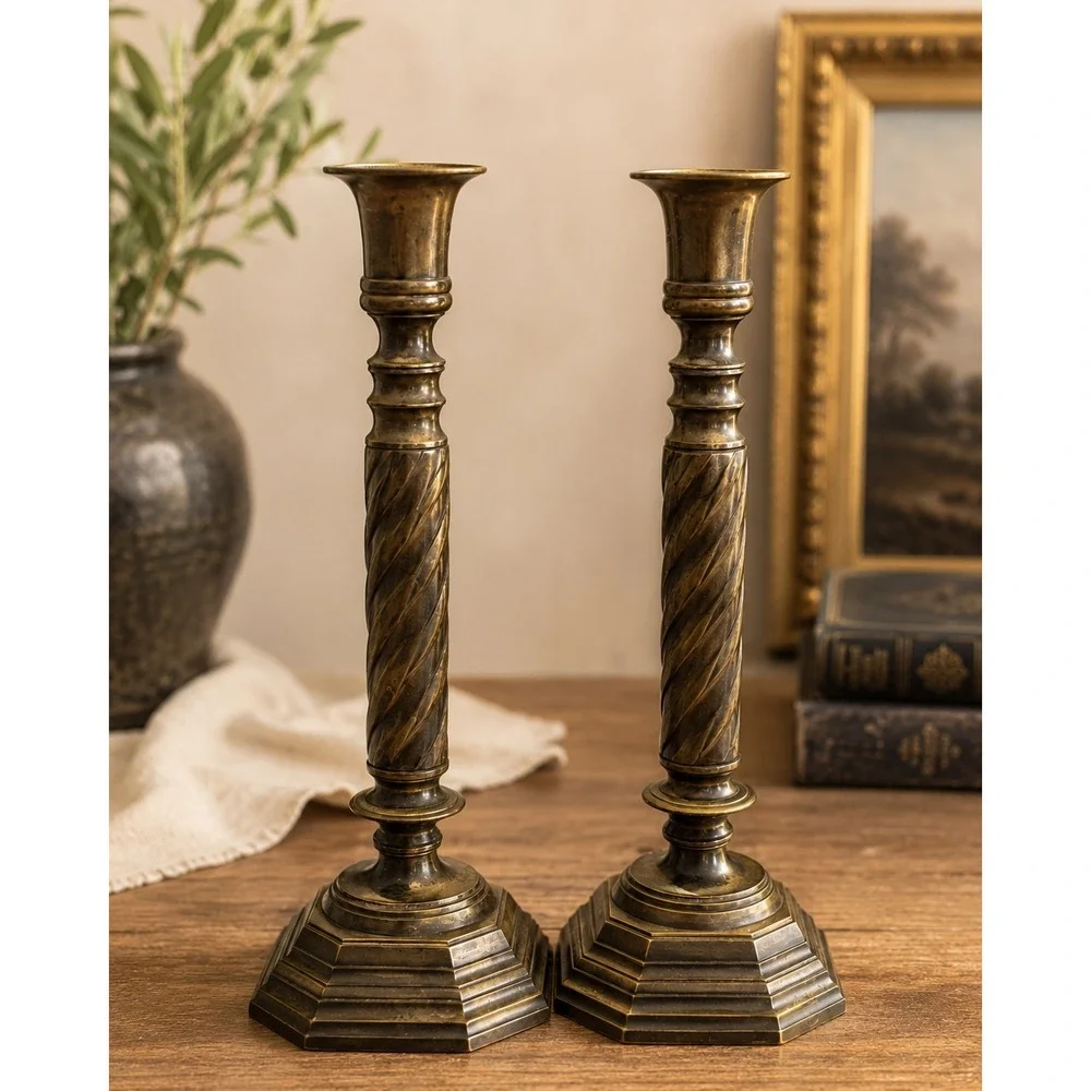 Vintage RIH Solid Brass Barley Twist Candlesticks – 12