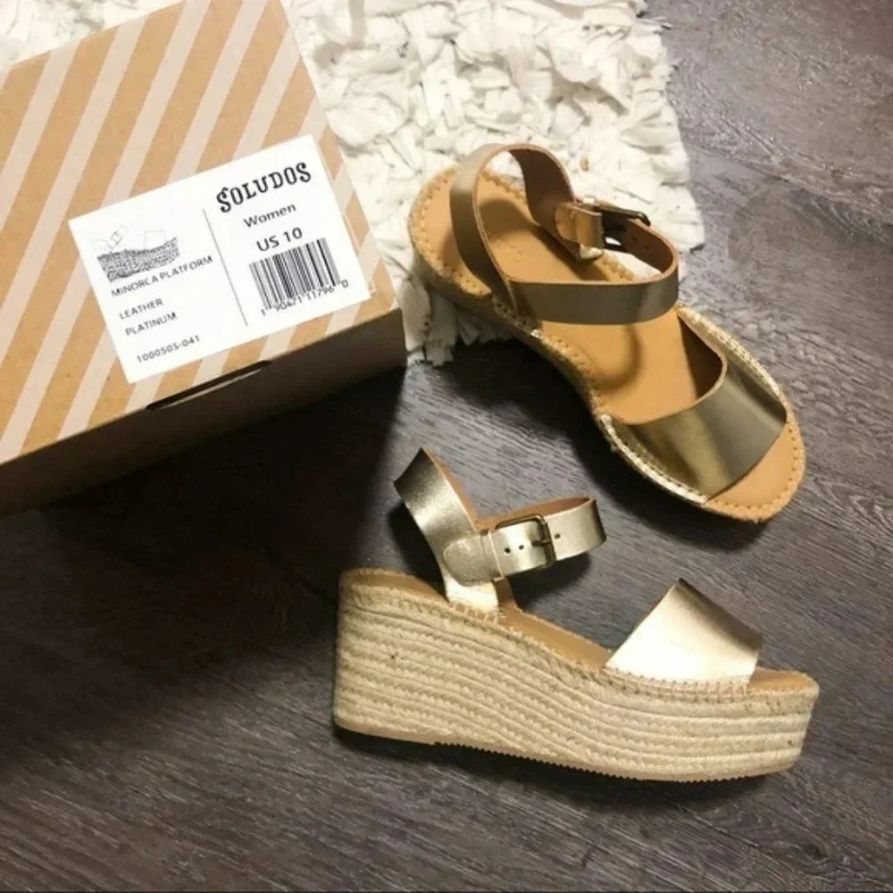 Anthro Soludos Platform Gold Leather Espadrille 10
