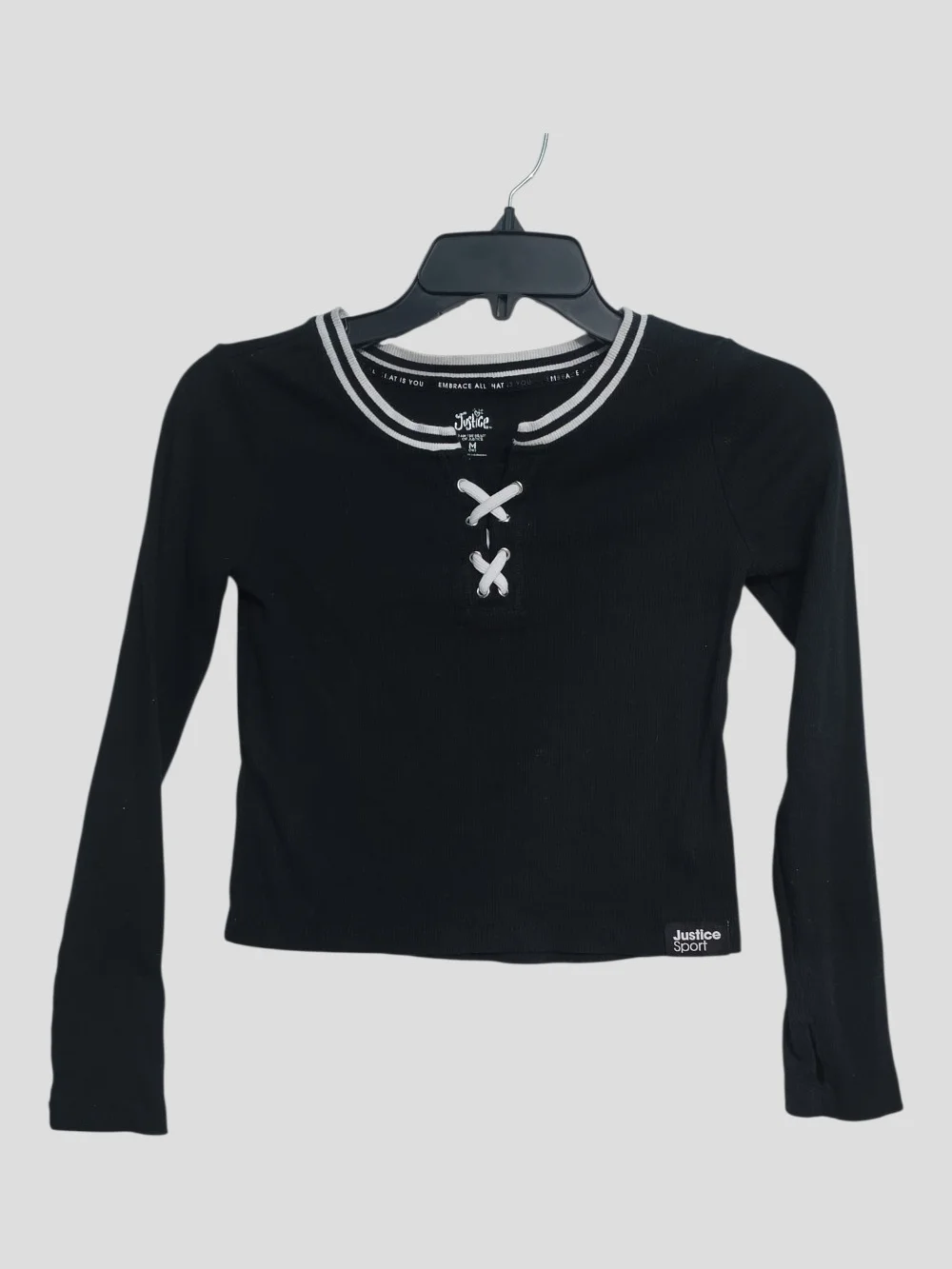 Justice Black Long Sleeve Lace-Up Tee with White Trim