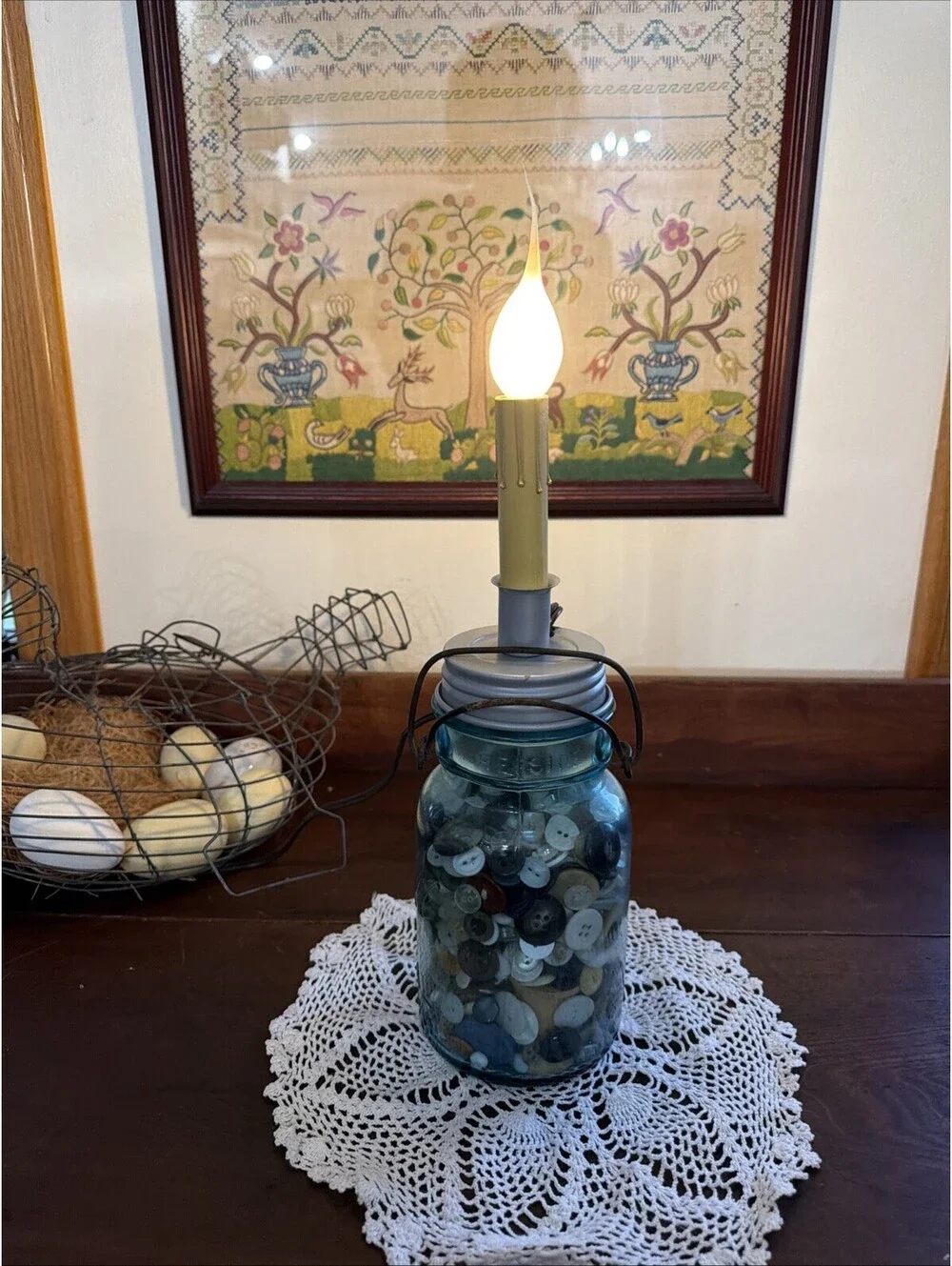 Antique Blue Mason Jar Candle Lamp Old Buttons Primitive Country Farmhouse Decor