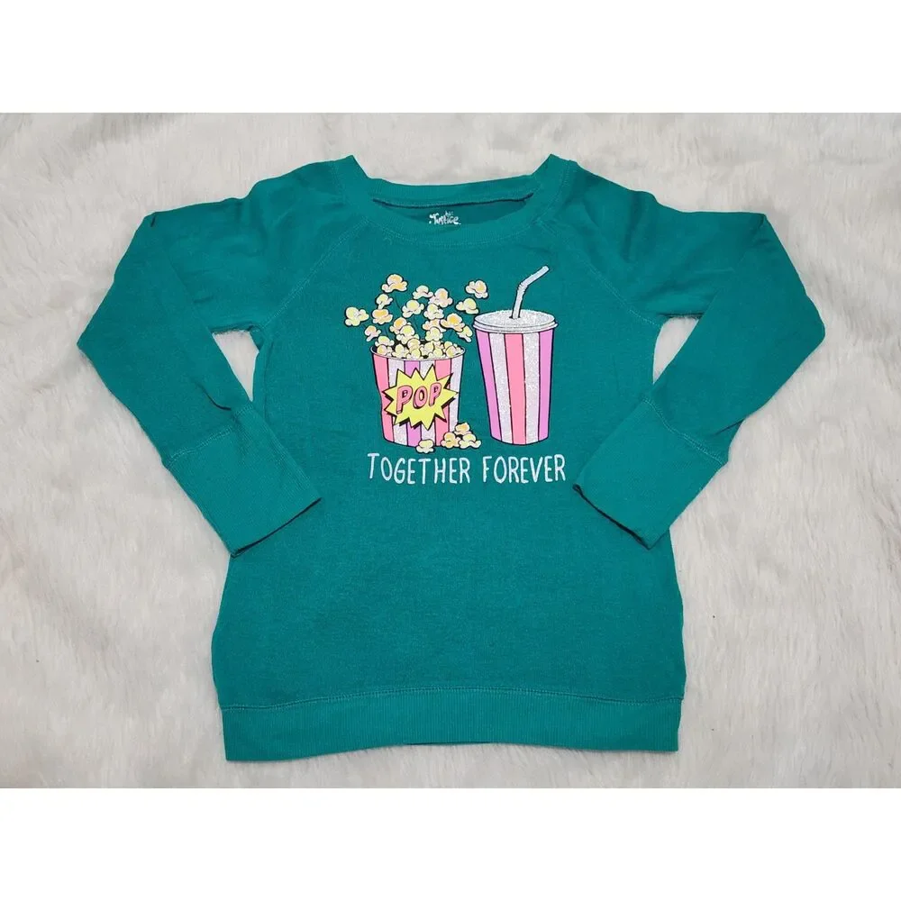 Justice Girls Sz 10 Sweatshirt Green Soda Pop Glitter Graphic Popcorn Kpop