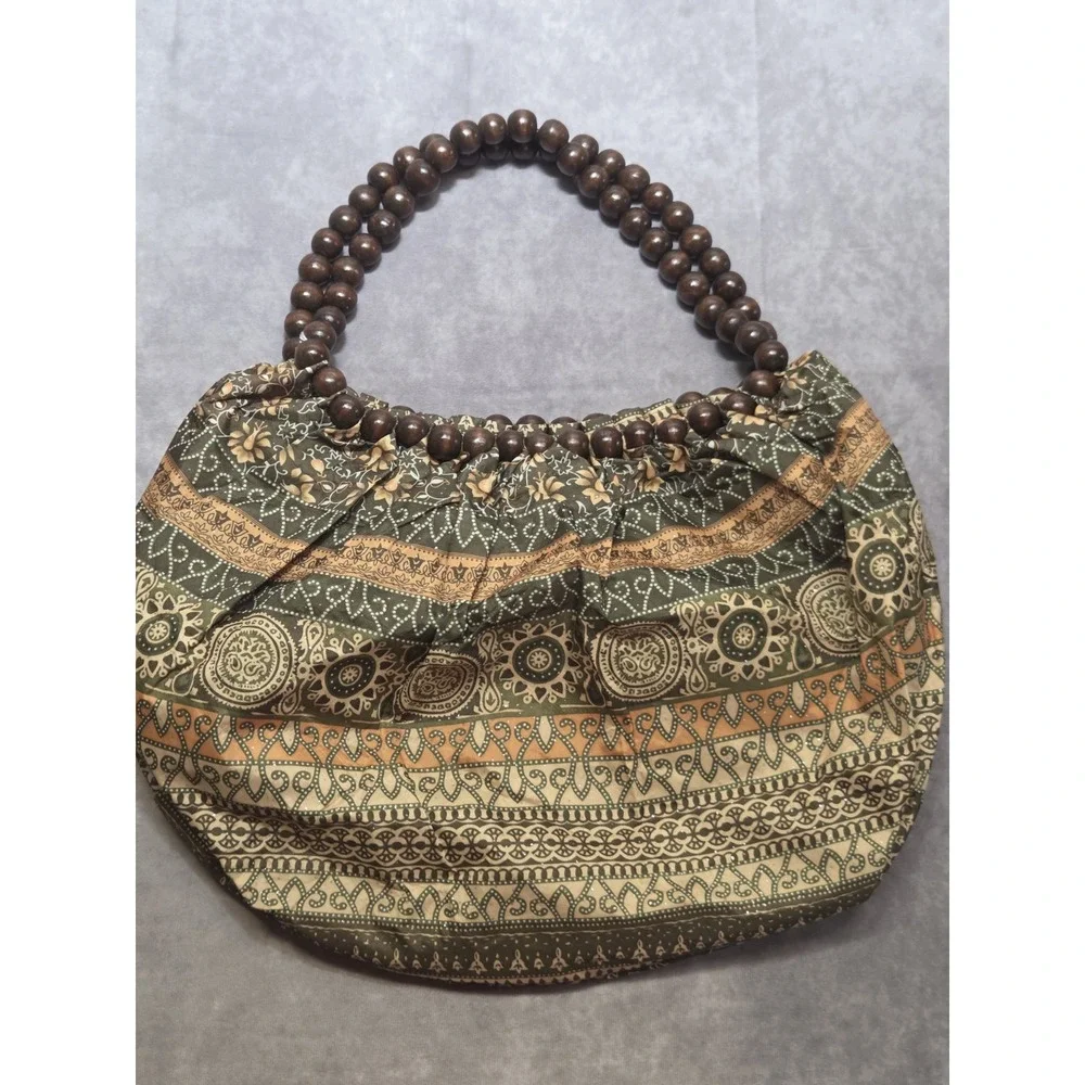Bohemian Hippie Hobo Beaded Handle Green Floral Patterned Whimsical Bag