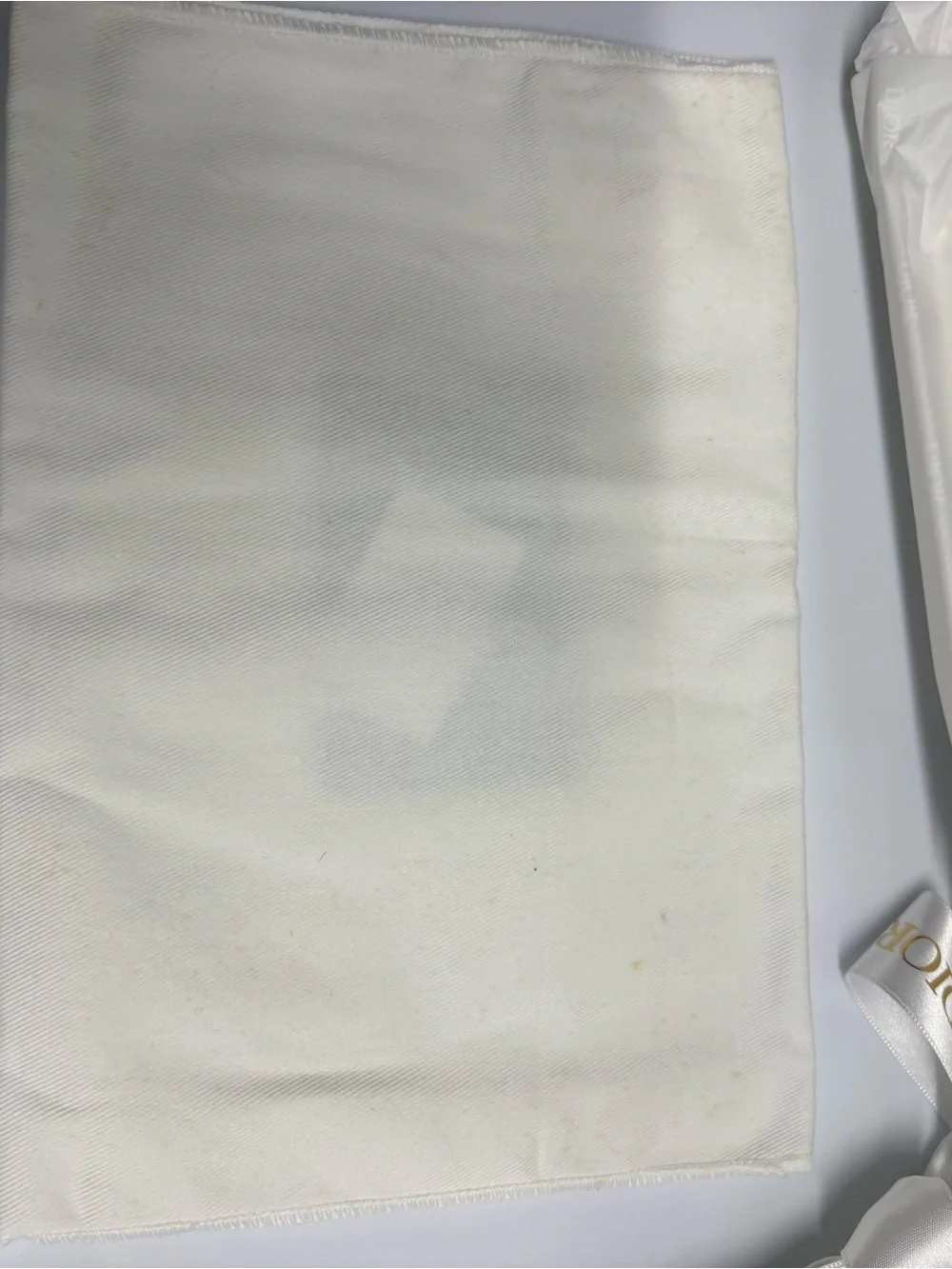 Dior White Satin Logo Dust Bag with Gold Print and Ribbon
