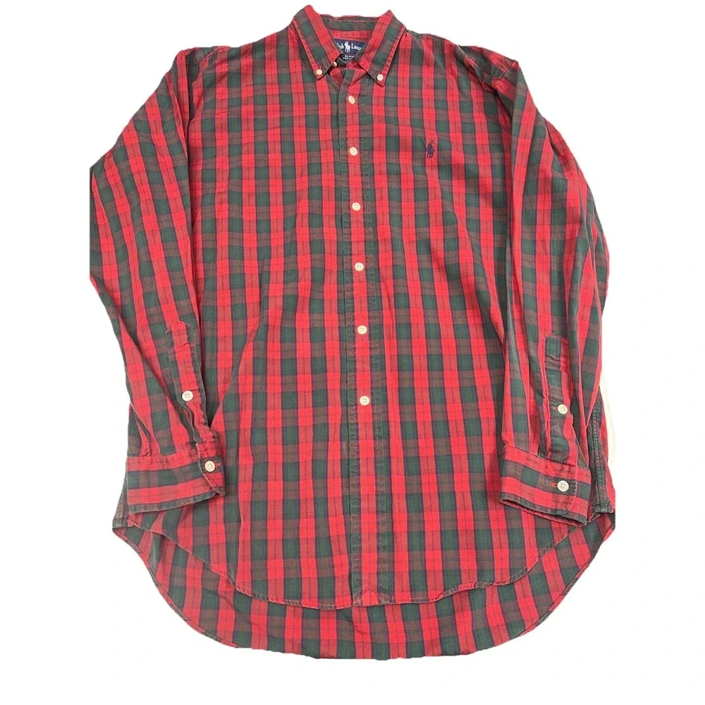 Vintage 90s Polo Ralph Lauren Button Down Shirt Red Green Size M Blaire Gold Dot
