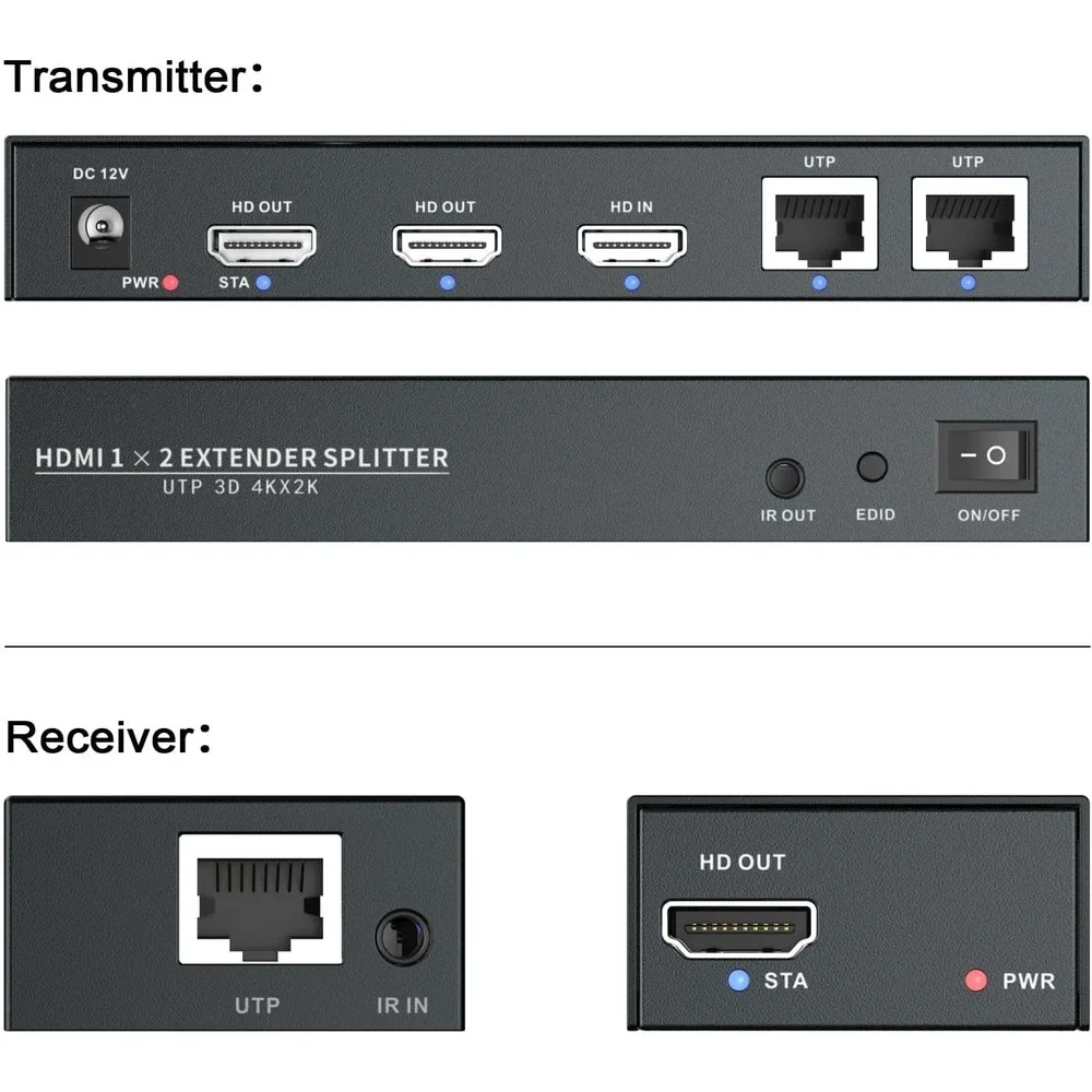 PWAYTEK HDMI Extender 1x2 4K60 Cat6 Splitter 60m IR EDID TX RX‎ Kit