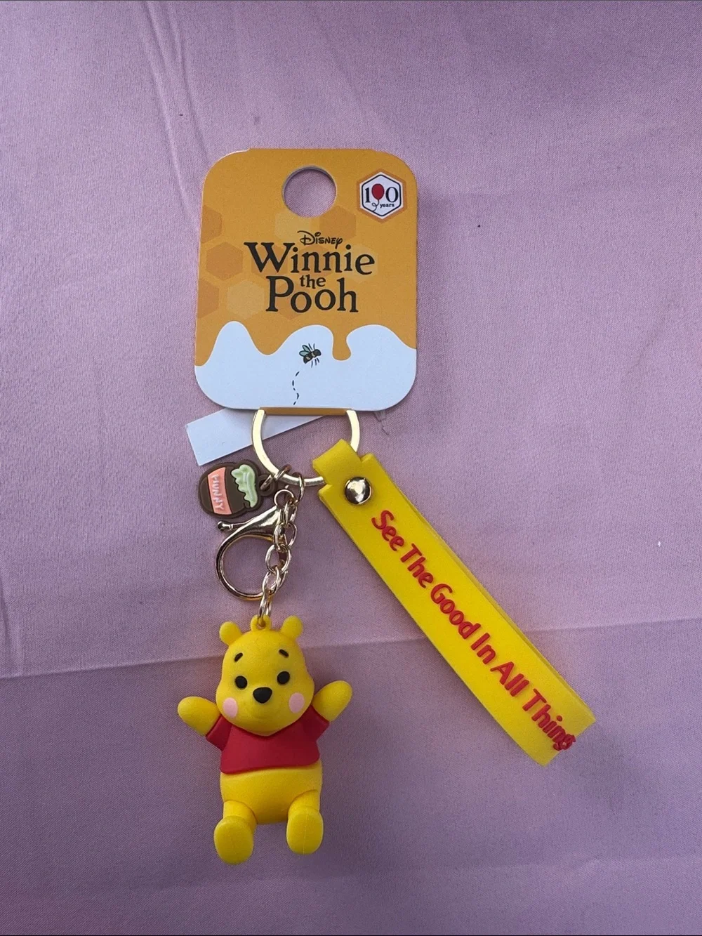 Disney Winnie the Pooh Yellow and Red Keychain with Inspirational Tag