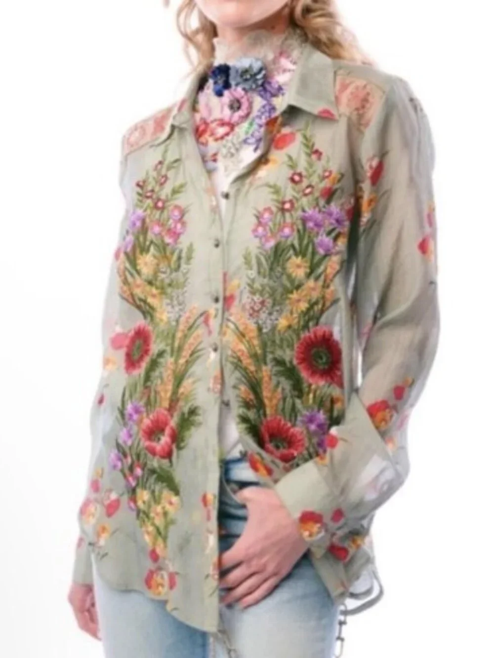 Aratta Silent Journey MIA Grace Floral Embroidered Blouse, S, Green Boho Artsy