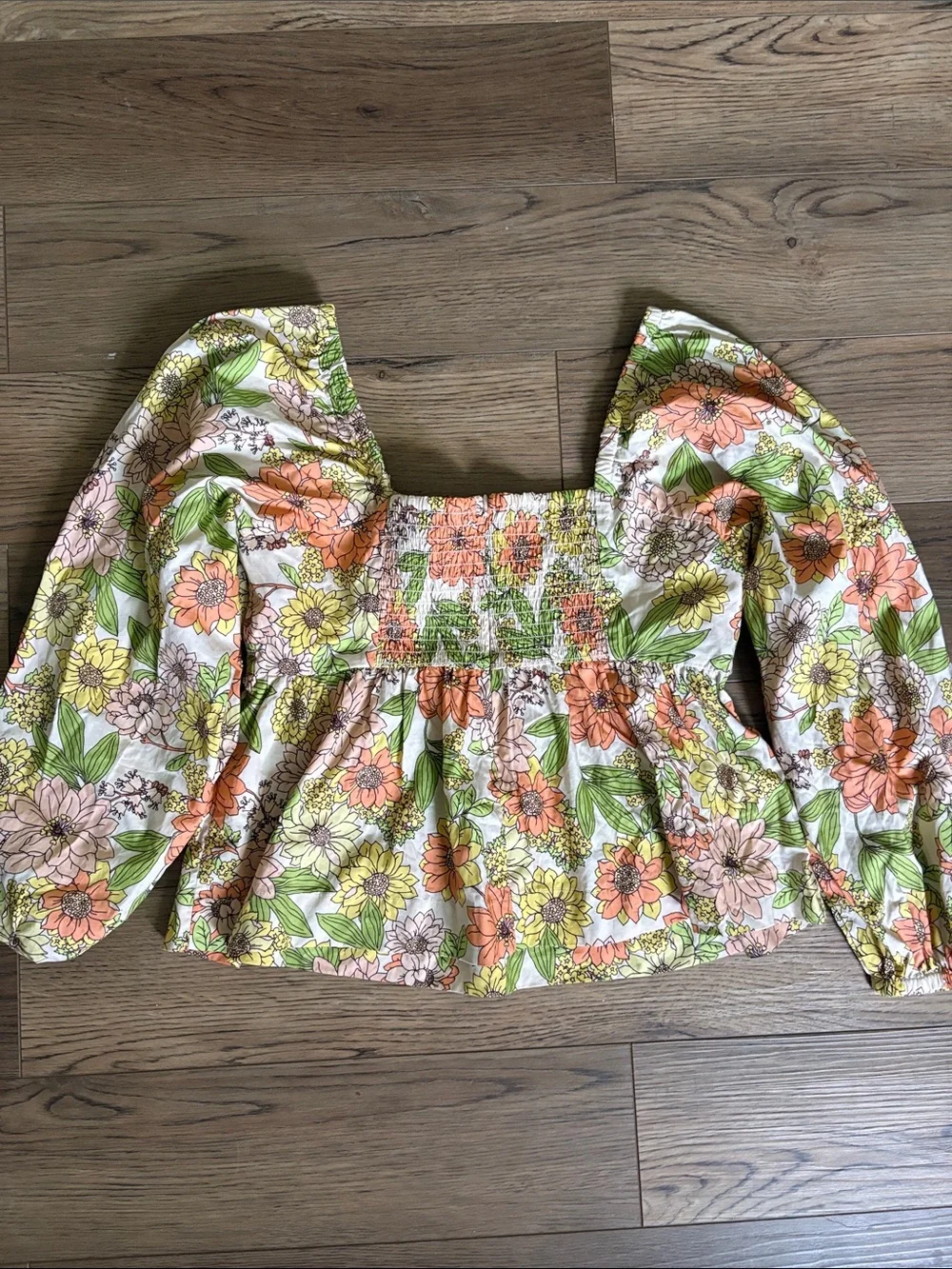 J. Crew Floral Square-Neck Peplum Blouse in White, Orange, Green