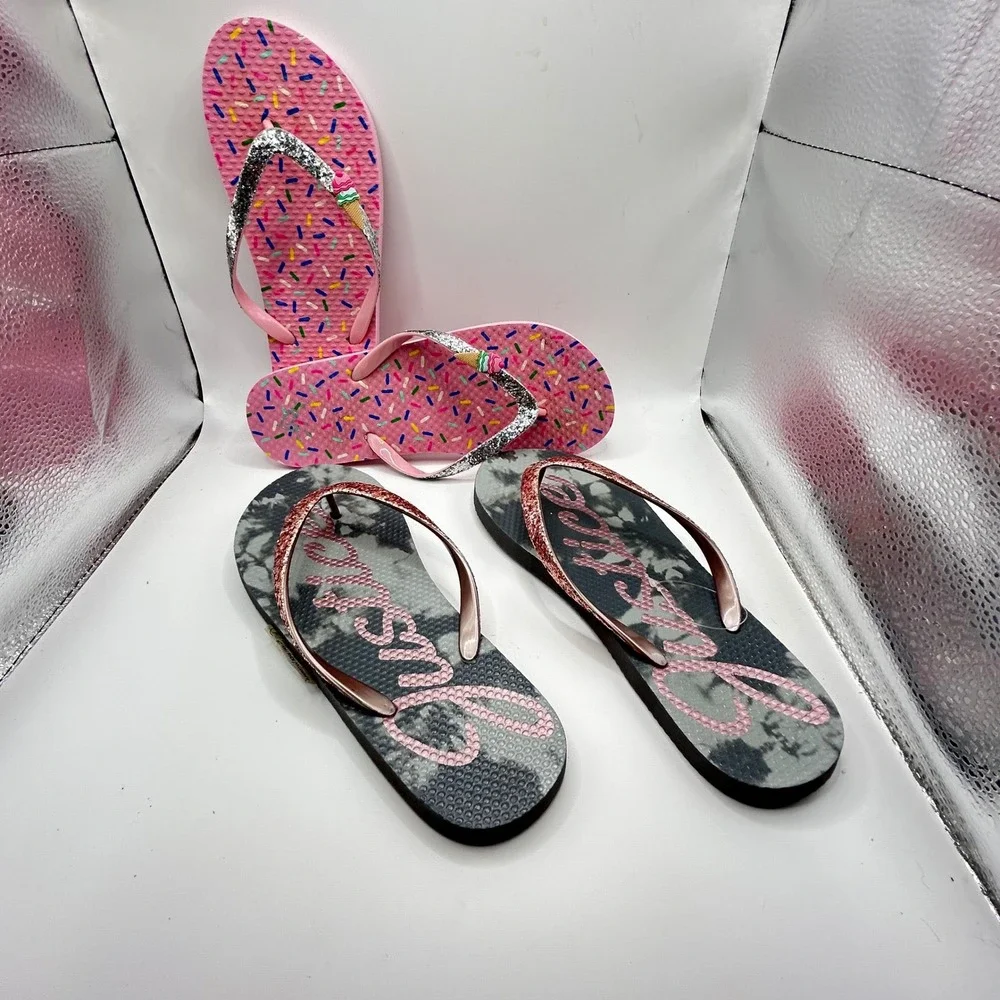Justice Girls Flip Flop Bundle Pink‎ Sprinkles Grey Tie Dye Glitter Size 6-7
