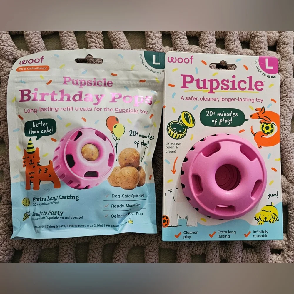 Woof Pupsicle Dog Treat Toy (L) with Pupsicle Birthday Refill Pops (L)