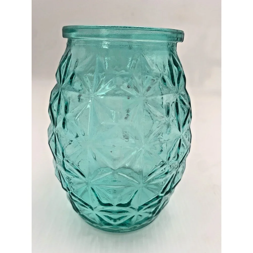 Vintage Polatis Glass Aquamarine Pineapple Jar/Vase/Candle Holder Coastal Decor