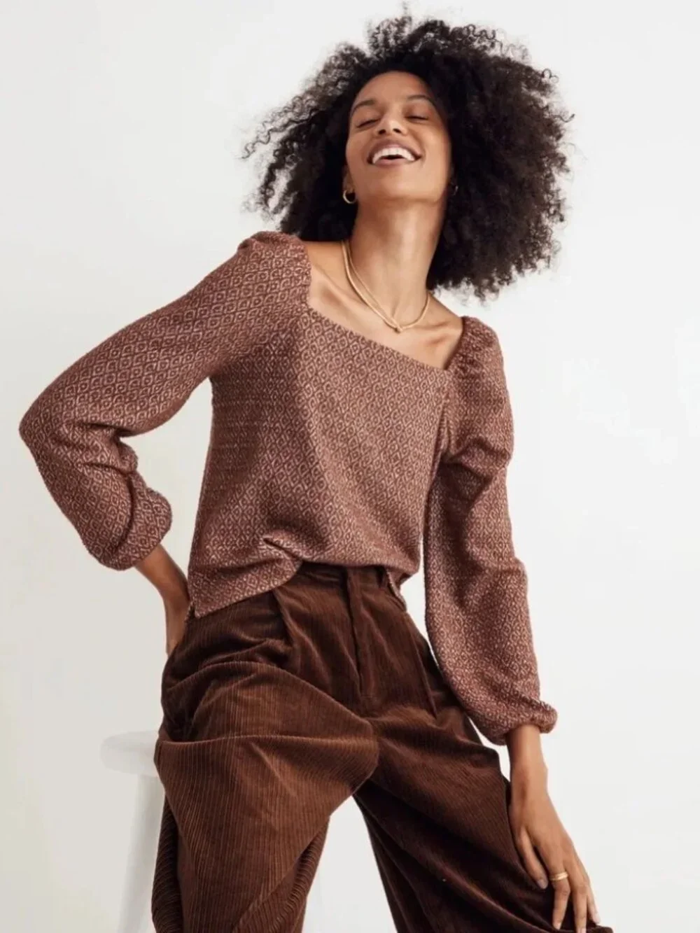 Madewell Brown Jacquard Puff-Sleeve Crop Top Size Medium - NWOT