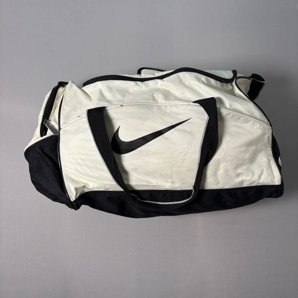Nike Woven Duffel Bag White Black Gym Travel Training Swoosh Logo