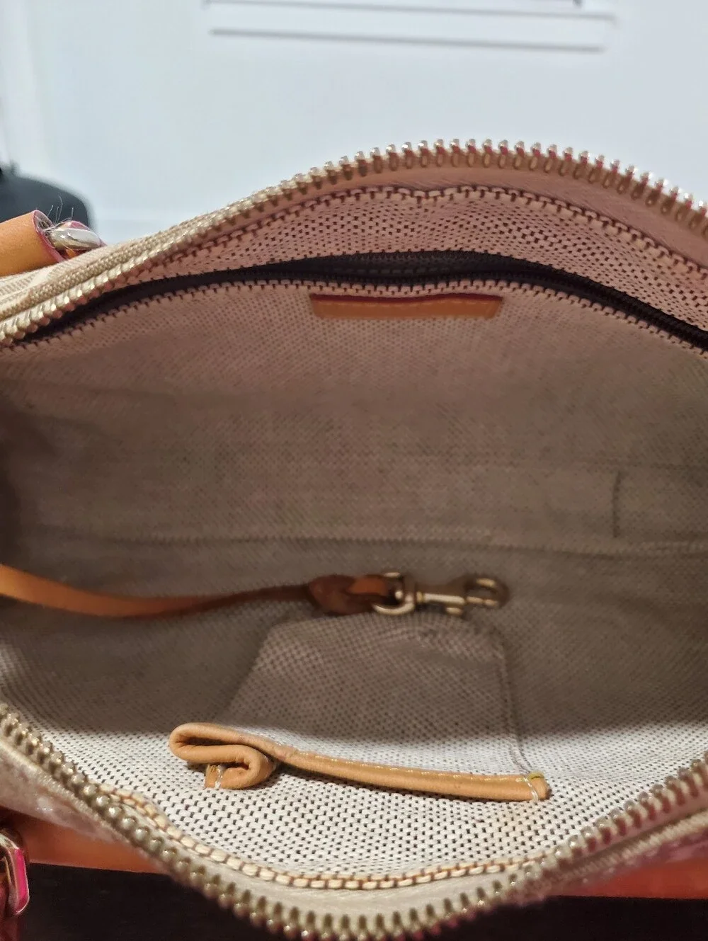 Dooney & Bourke Tan Logo Canvas Duffel with Leather Trim