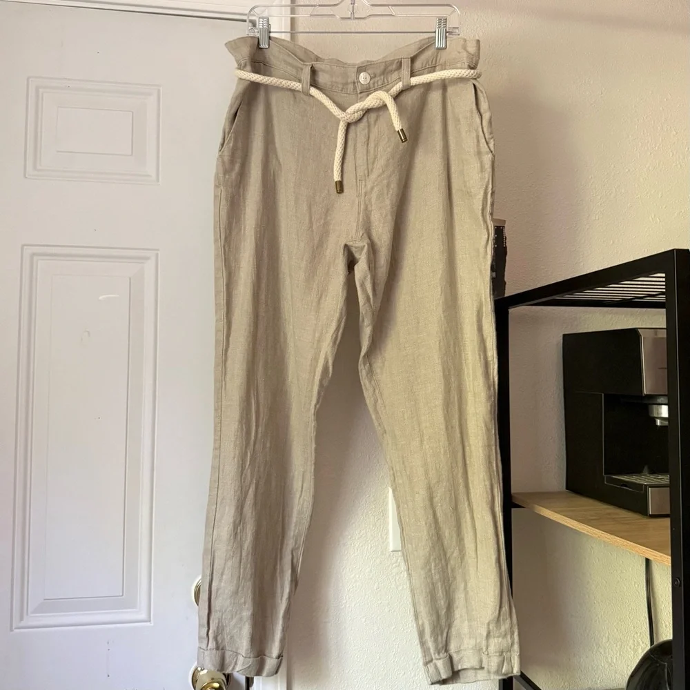 VKTRBLAK beige tan linen rope belt slim tapered straight‎ cropped pants