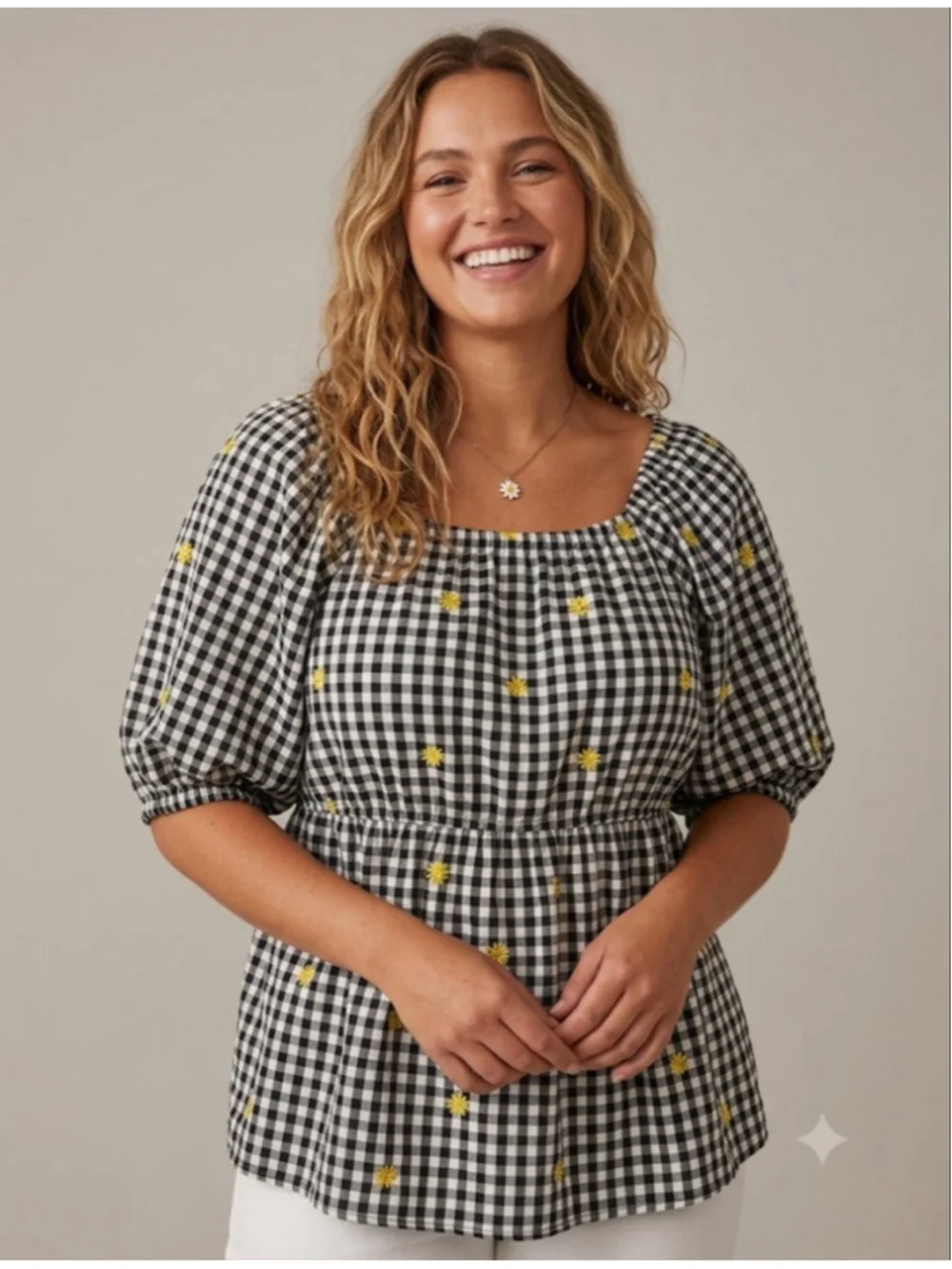 Old Navy Black & White Gingham Daisy Blouse Plus Size XL