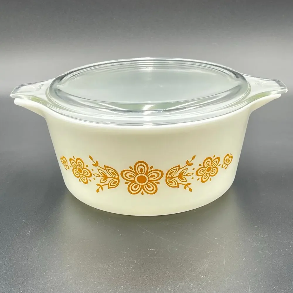 Vtg Pyrex Casserole Dish Butterfly Gold 1.5 L 474-B Ovenware Corning NY USA