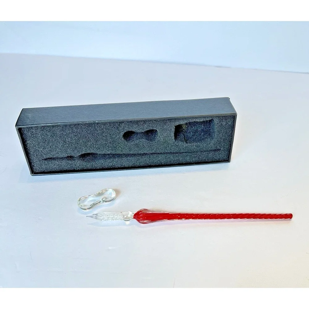 Hand Blown Red Glass Dip Pen Set with Rest and Box‎ Spiral Twisted Calligraphy