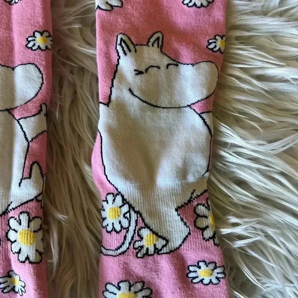 Moomin Pink Daisy Socks, Striped Design, Size L/XL, Cute & Comfy