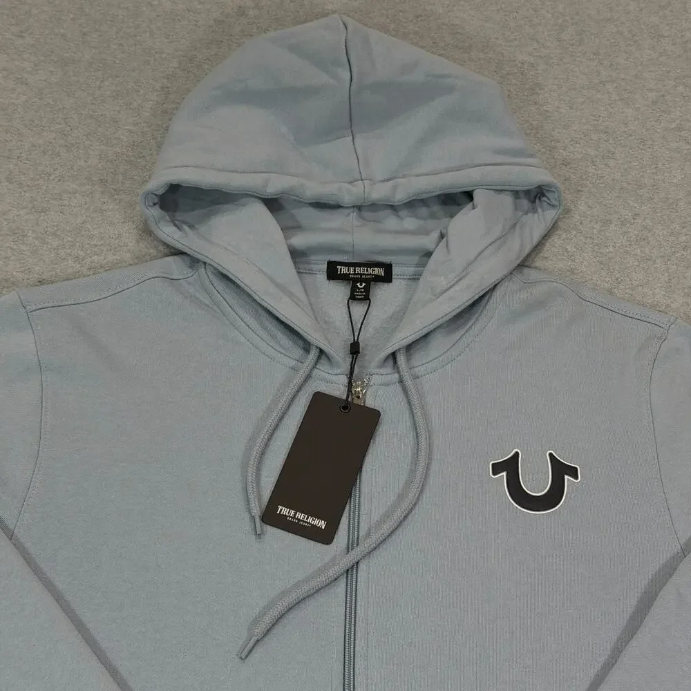 True Religion Men's OBB Full Zip Hoodie Dusty Blue Fleece Sweatshirt Large L NWT