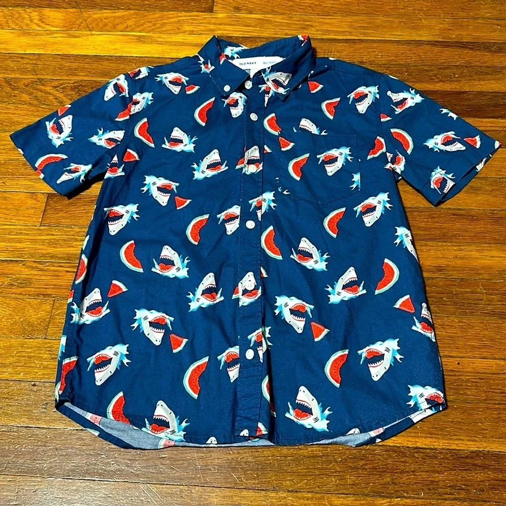 Old Navy Boys Blue Shark & Watermelon Button Down Shirt, Sz Lg (10/12)