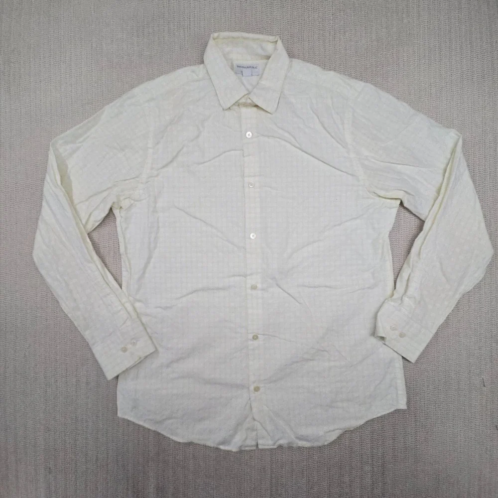 Banana Republic Shirt Mens Large 16 White Yellow Check Button Up Down Dress