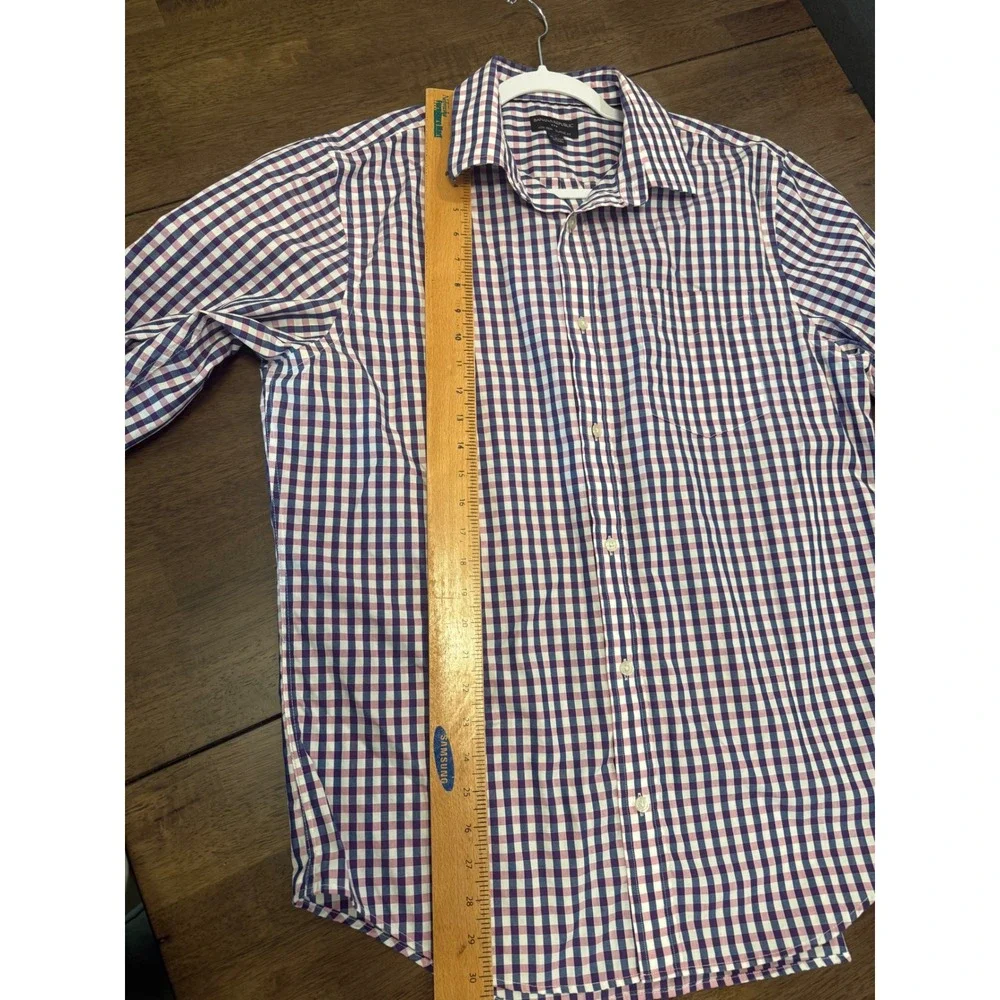 Banana Republic Men Classic Fit Non Iron Gingham Button Down Shirt Navy Purple L