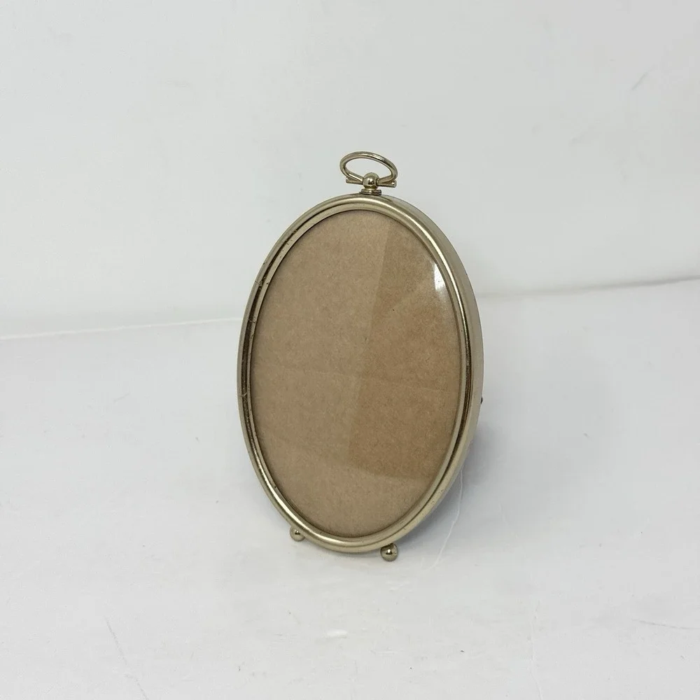 Vintage Convex Bubble Glass OVAL Brass Tone Picture Frame Ball Feet 5