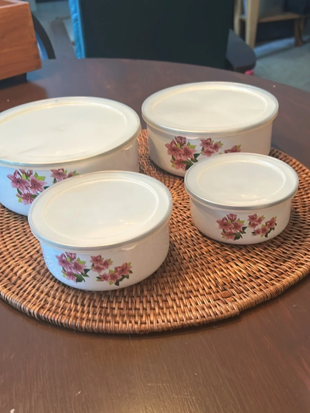 Stackable White Floral Storage Bowls with Lids -  enamel finish see callout pic