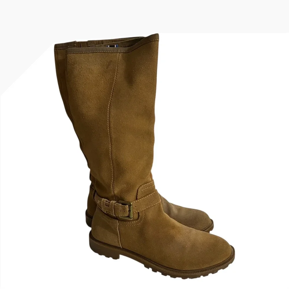 Tommy Hilfiger Tan Suede Knee High Engineer Boots Buckle‎ Detail Lug Sole 8.5M