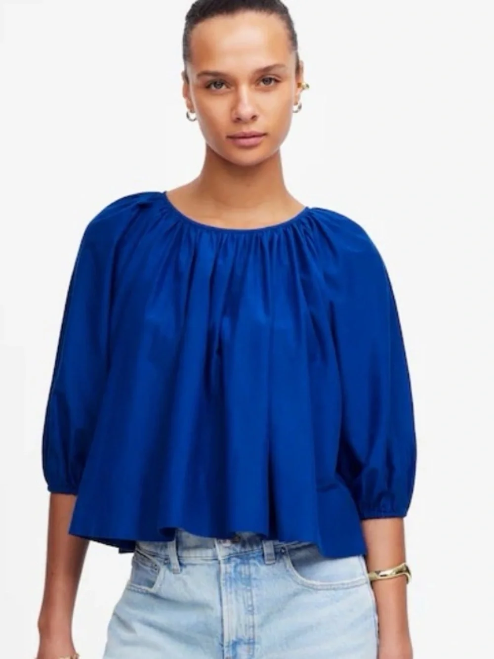 NWT Madewell Bright Blue Shirred Puff-Sleeve Cotton Silk Blend Top