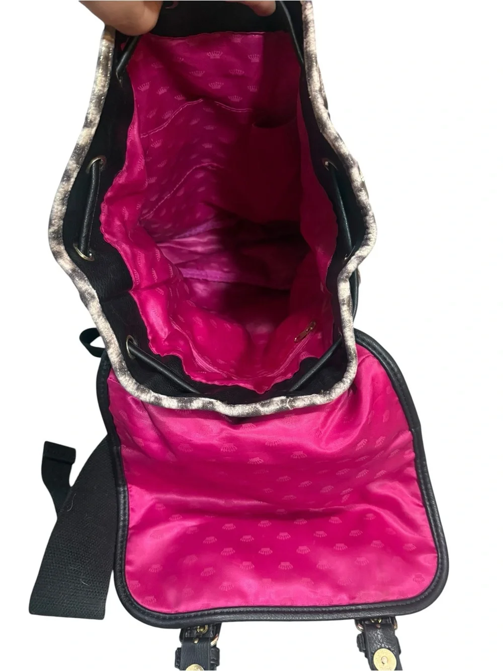 Juicy Couture Brown and Cream Leopard Print Backpack with Gold Hardware