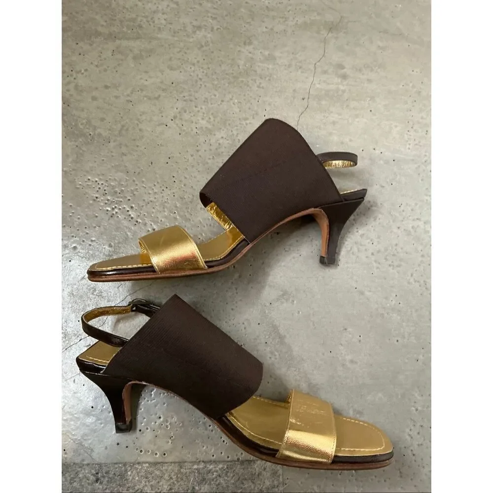 Chanel Open Toe Sandal Heels in Gold and Brown Size 35.5/36