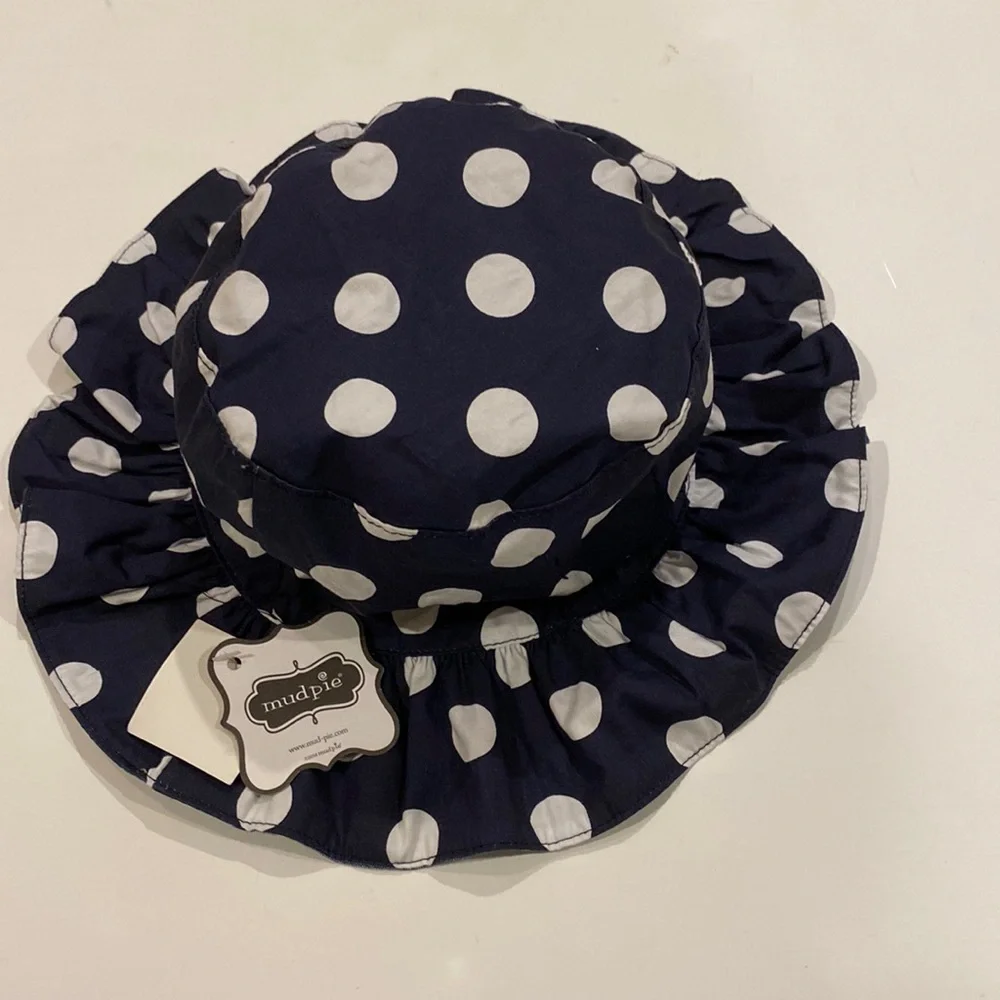 MUD PIE TODDLER SUN HAT NAVY AND WHITE POKKA DOTS NWT