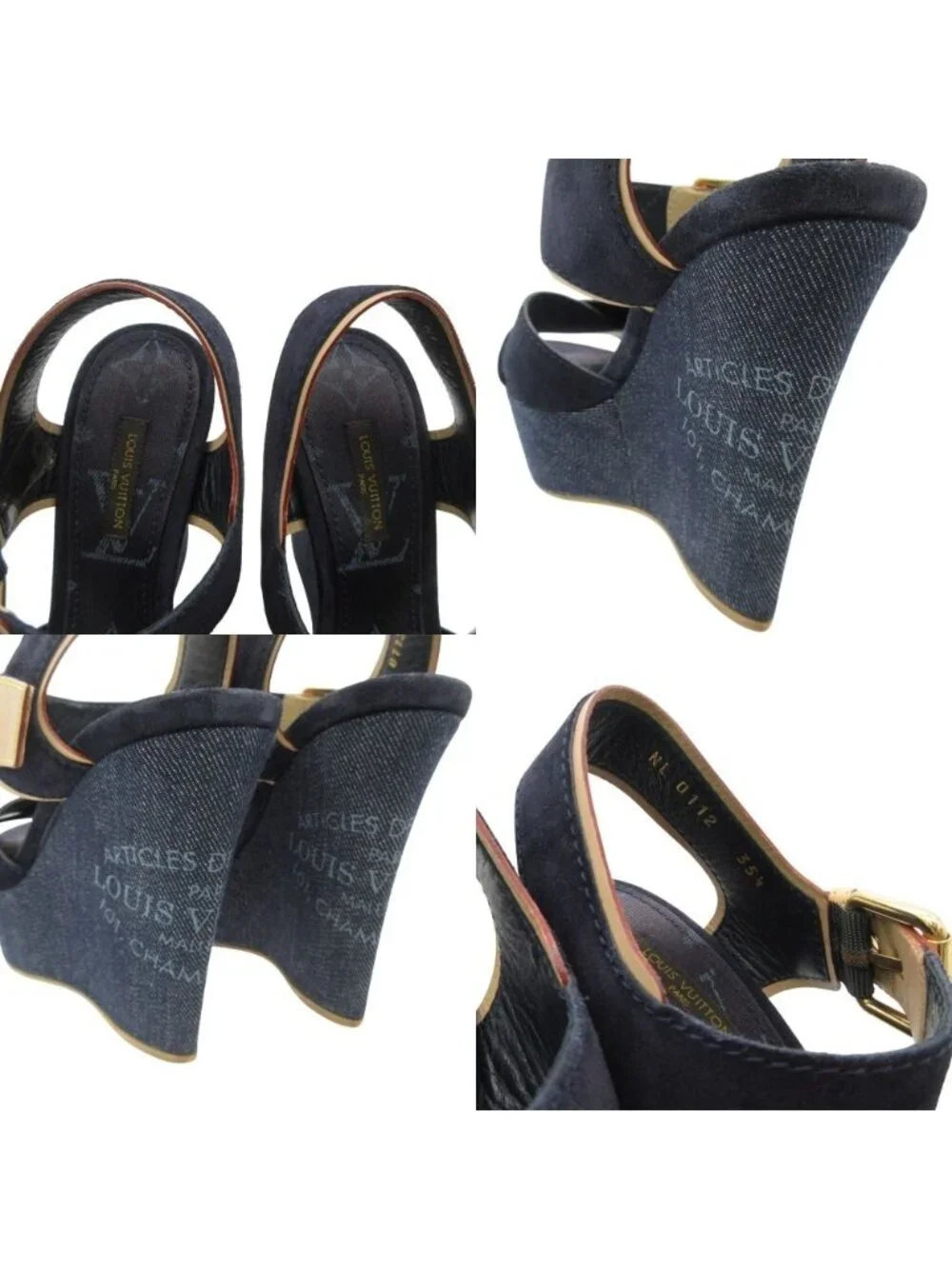 Louis Vuitton Sandals Monogram Wedge Sole Denim Suede Cross Strap Belt Shoes