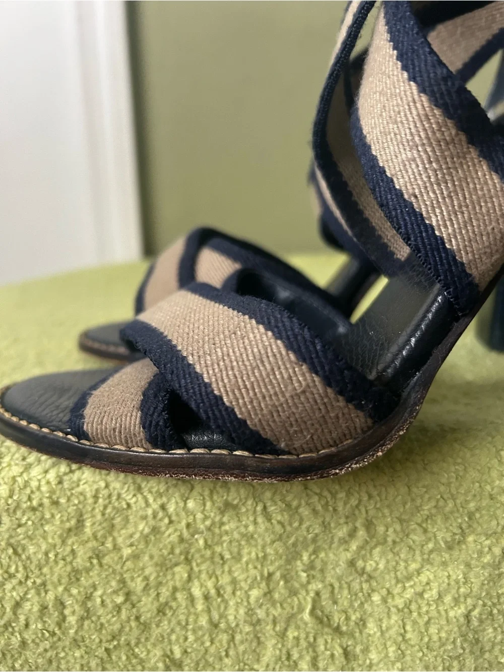 Tory Burch Navy and Beige Striped Block Heel Sandal