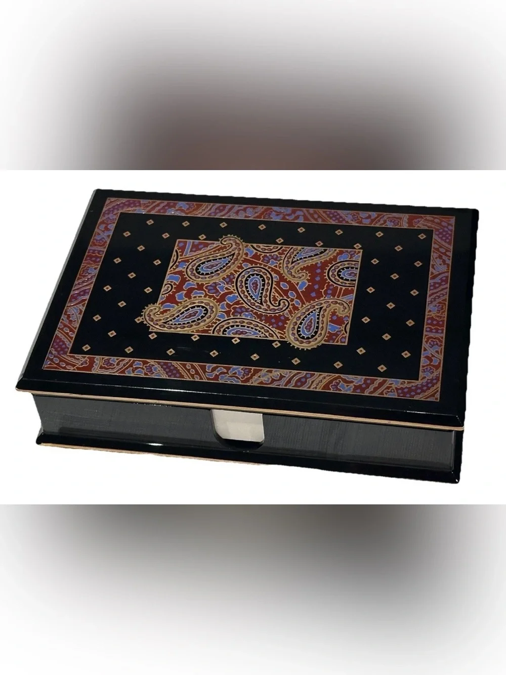 NEW VINTAGE ART DECO PAISLEY ENAMEL STATIONARY BOX OTAGIRI JAPAN DESK OBJECT