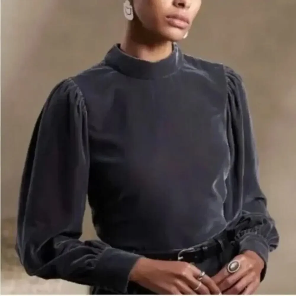 NWT Banana Republic Velvet Open Back Top M Roasted Cocoa Brown Puff Sleeve Mock