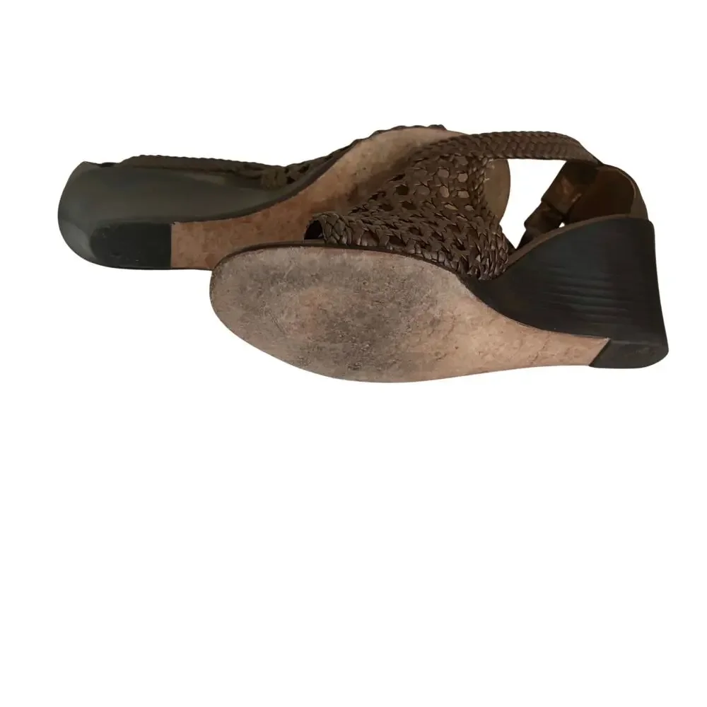 Brighton Realm Bronze Leather Woven Basketweave Wedge Sandals Feminine Boho