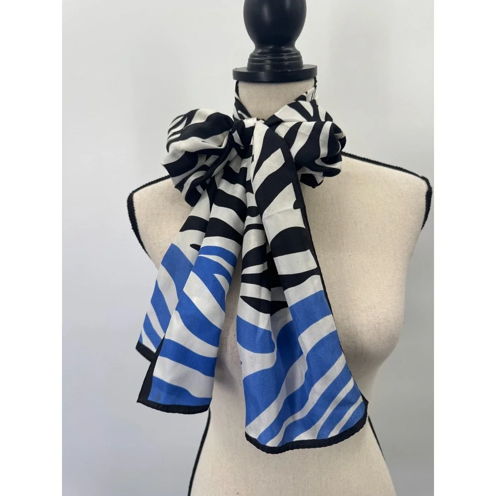 Anne Klein Zebra Striped Silk Scarf Shawl Wrap Colorblock Black White Blue 13x62