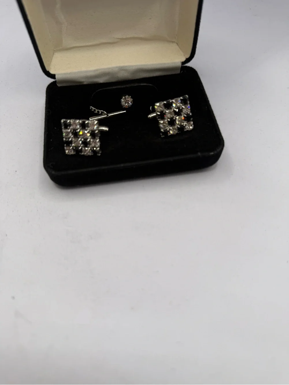 Mens Square Black and  Clear Topaz Cufflinks Ti Tack  - Sparkling White Stones
