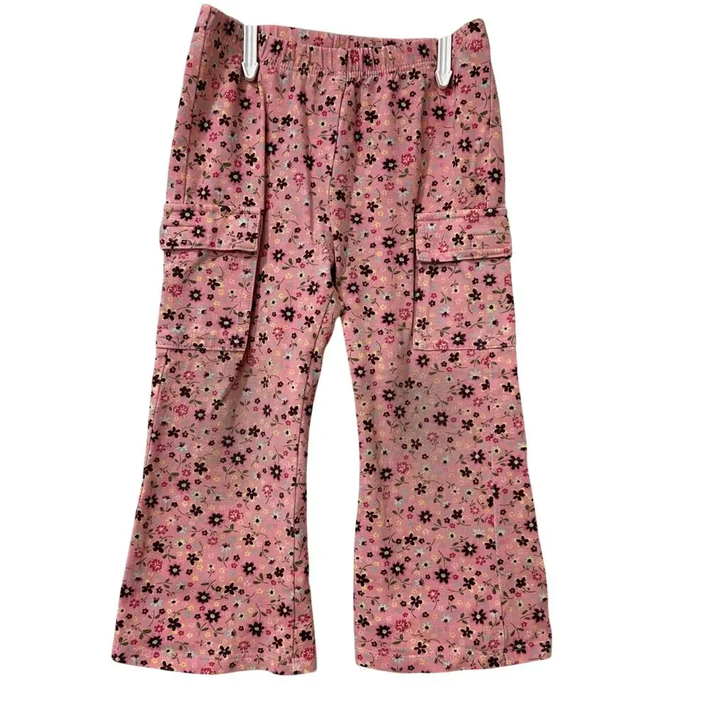 Old Navy Vintage Girls Size 2T Pink Floral Flare Cargo Pants Stretchy 70s Y2K
