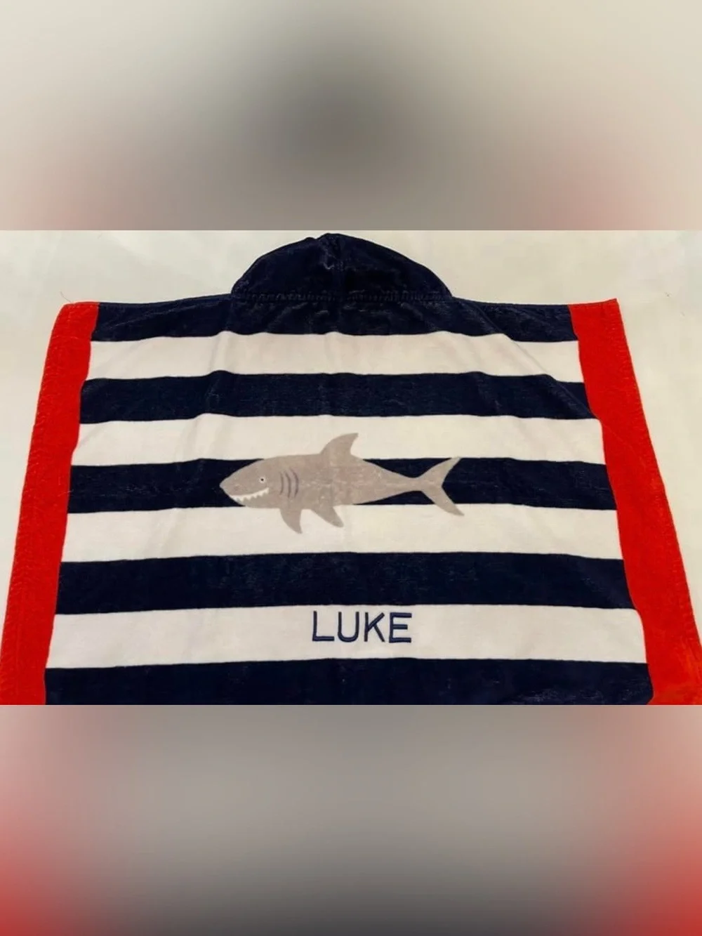 Pottery Barn Kids hooded towel - shark - LUKE monogram - baby size