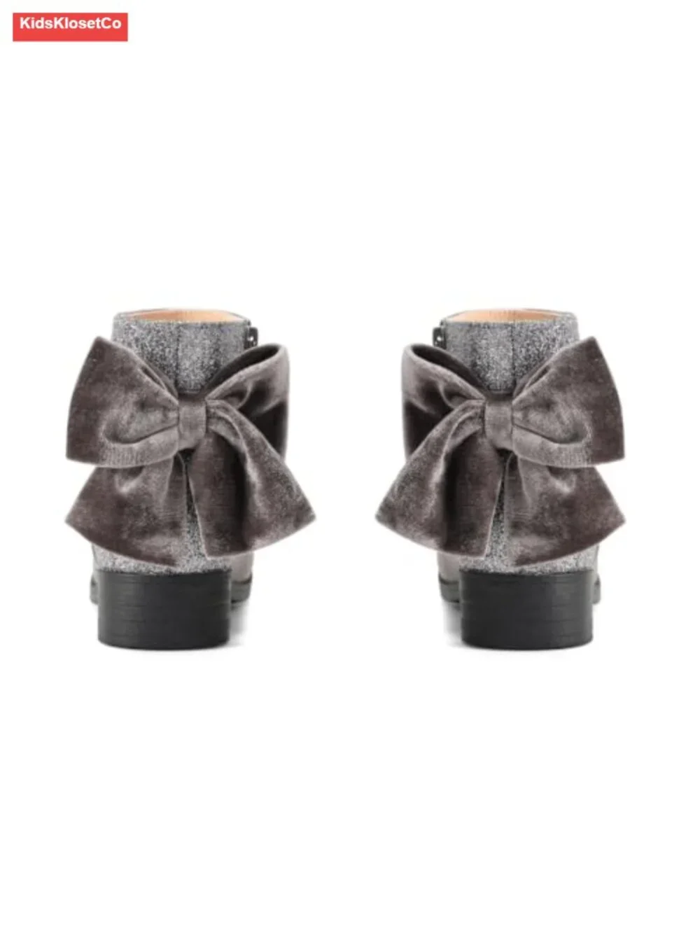 Girls Ankle Boots Faux Suede Bow Glitter Low Chunky Heel Zip Dress Booties