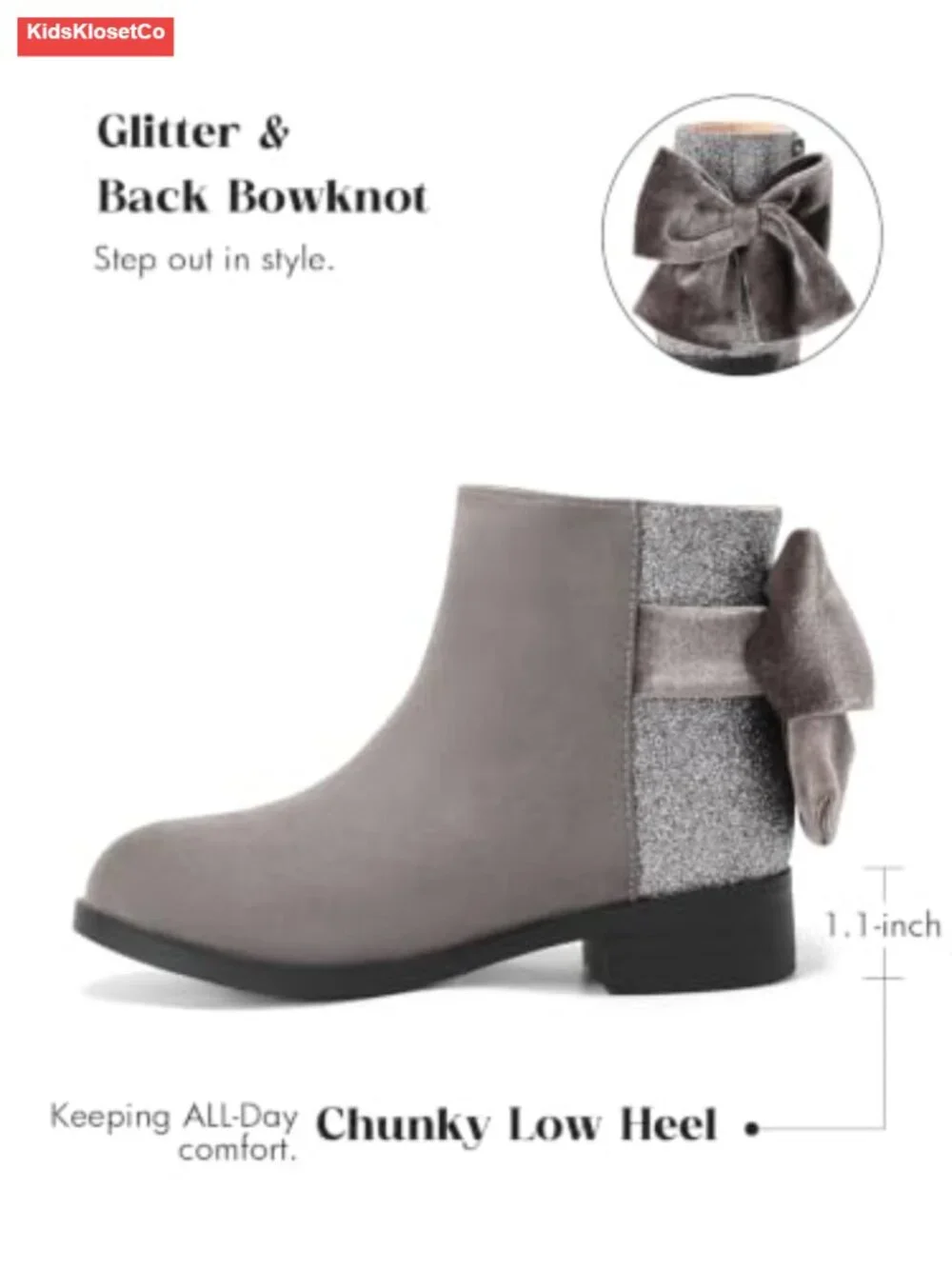 Girls Ankle Boots Faux Suede Bow Glitter Low Chunky Heel Zip Dress Booties