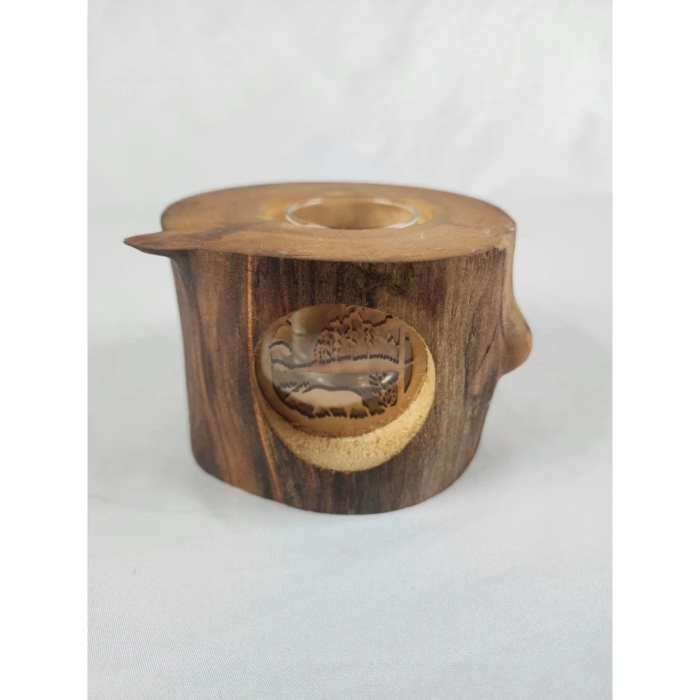 Handcrafted Live Edge Wood Tealight Holder Etched Forest Scene Rustic Decor Gift