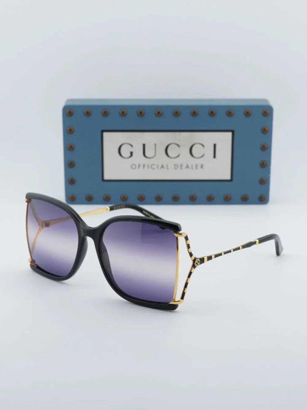 Gucci GG0592S 002 Square Sunglasses - Black / Gold / Smoke Gradient