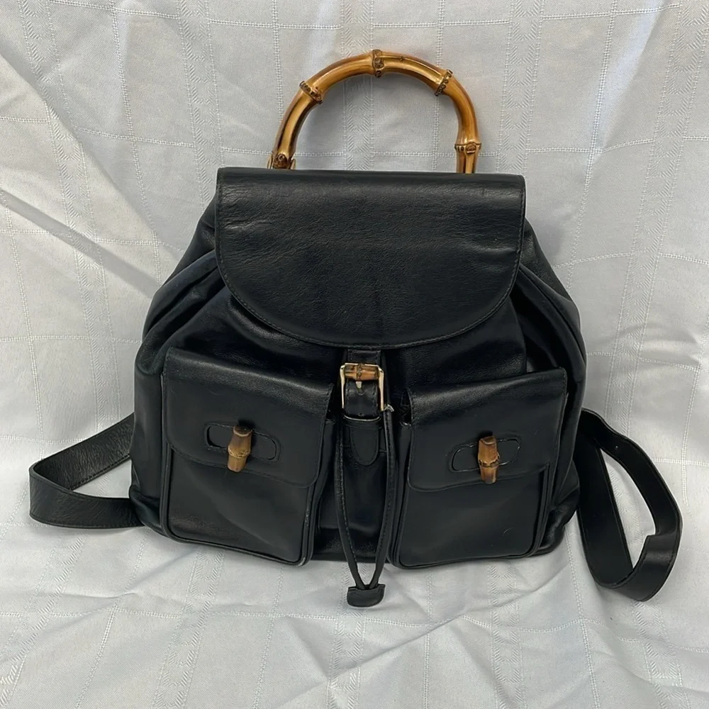 Gucci Leather Bamboo Backpack Black Designer Luxury Rucksack Twin Pocket