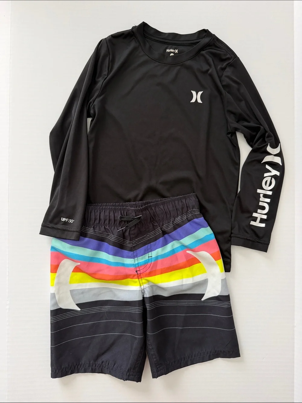 Hurley Black Rash Guard with Rainbow Stripe Swim Shorts kids size 6