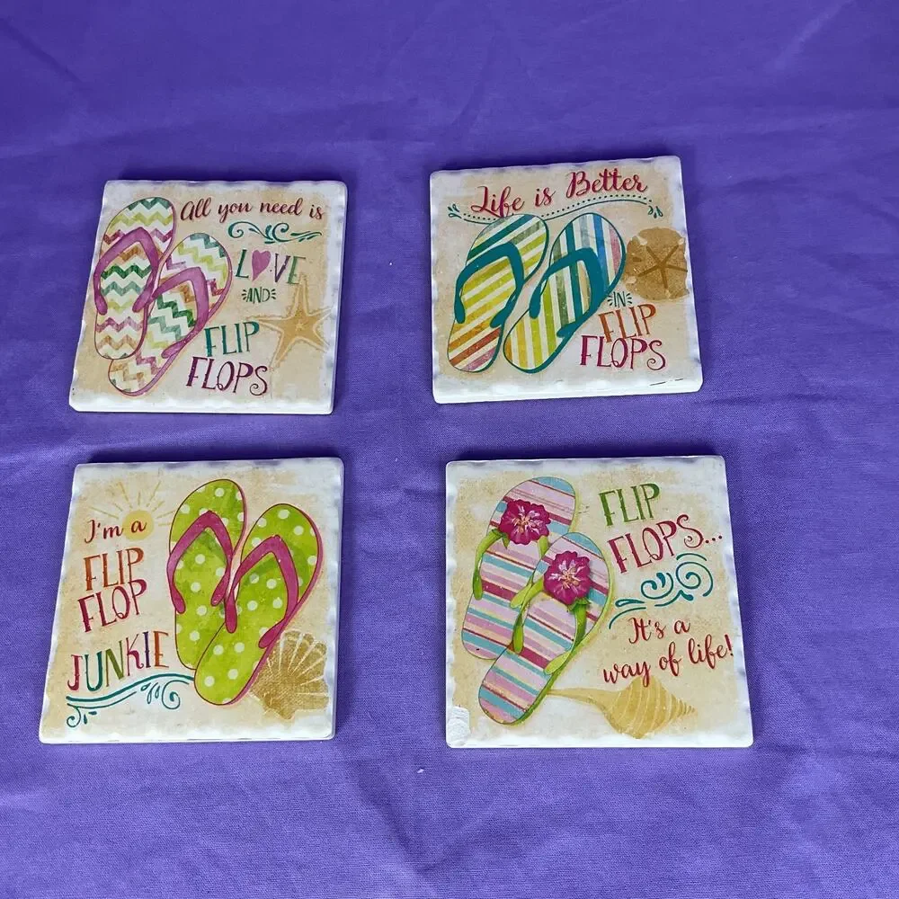 Coastal Flip Flops Ceramic Coasters Set of 4 - Summer Beach Decor Tiles